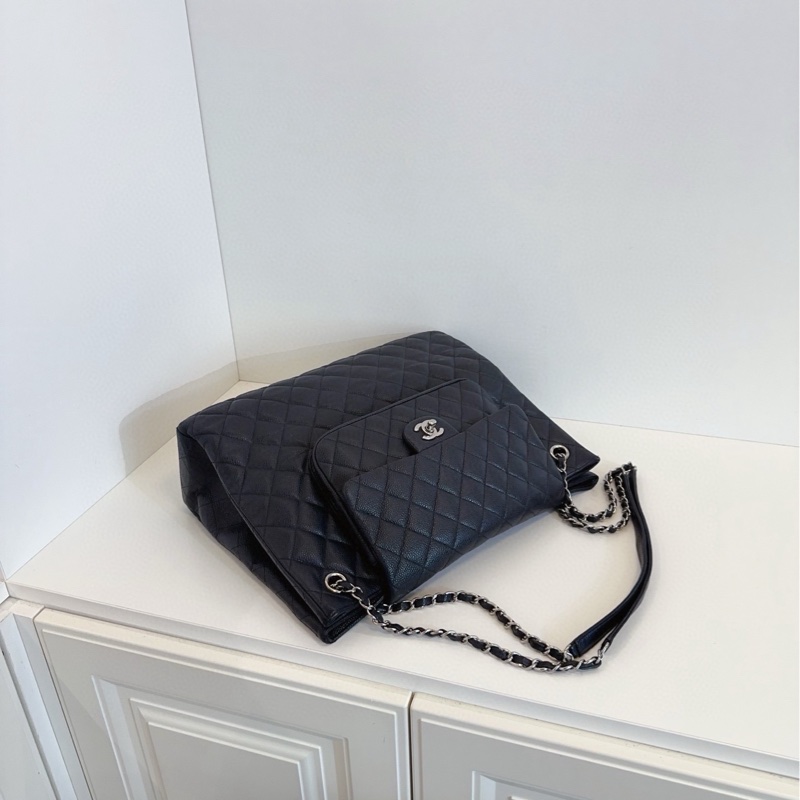【98新🆕】Chanel 黑銀 牛皮 魚子醬雙口袋 機場包 tote 托特單肩包-4