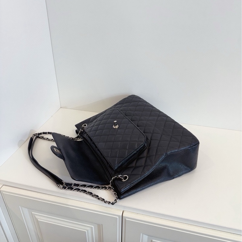 【98新🆕】Chanel 黑銀 牛皮 魚子醬雙口袋 機場包 tote 托特單肩包-5