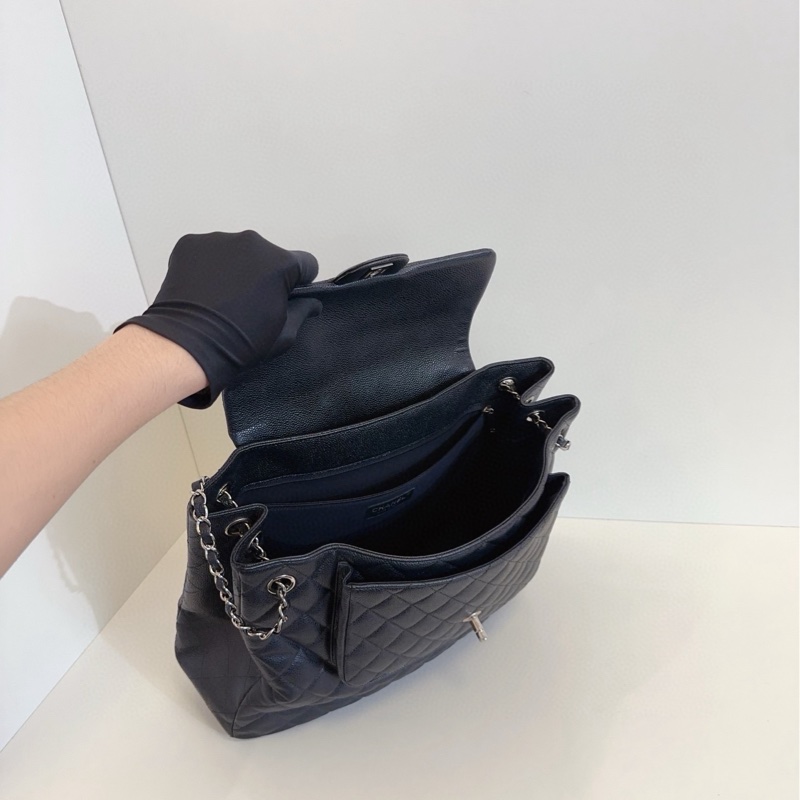 【98新🆕】Chanel 黑銀 牛皮 魚子醬雙口袋 機場包 tote 托特單肩包-6