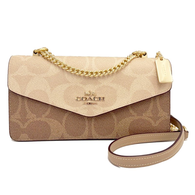 [全新]COACH C LOGO鏈帶斜背兩用掀蓋信封風琴包(米白/奶茶)-0