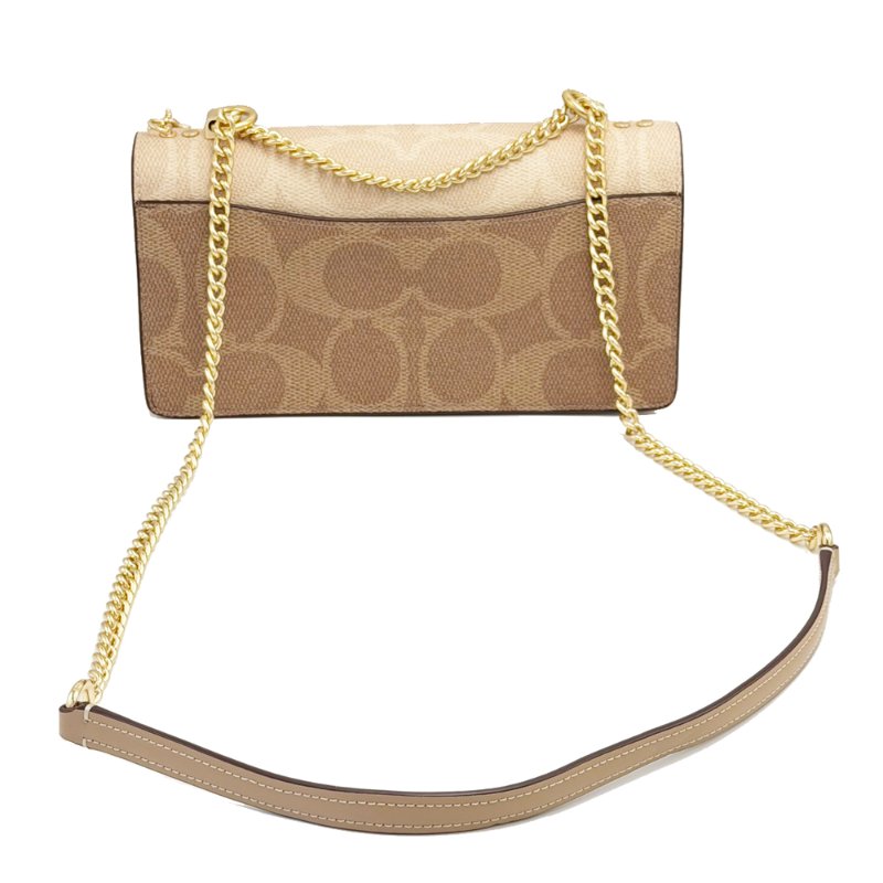 [全新]COACH C LOGO鏈帶斜背兩用掀蓋信封風琴包(米白/奶茶)-2