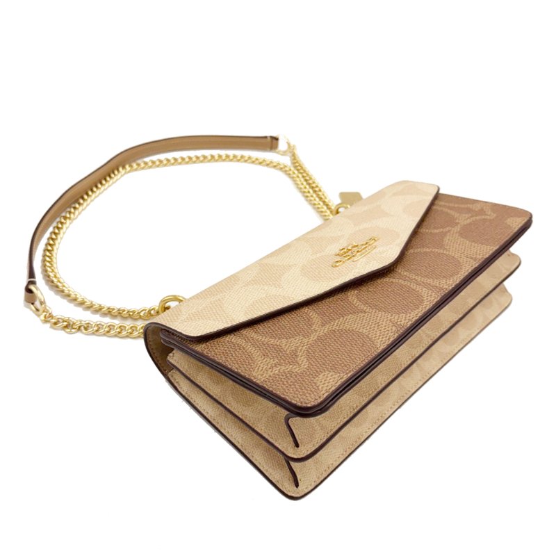 [全新]COACH C LOGO鏈帶斜背兩用掀蓋信封風琴包(米白/奶茶)-3