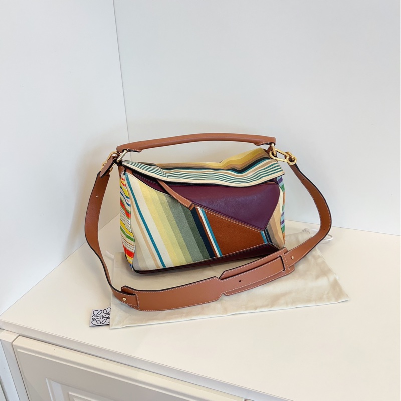 【97新🆕】Loewe限量🧩彩條紋拼接Puzzle幾何包 中號手提包 斜挎包 單肩包-1