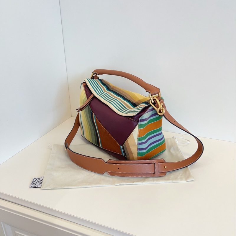 【97新🆕】Loewe限量🧩彩條紋拼接Puzzle幾何包 中號手提包 斜挎包 單肩包-5