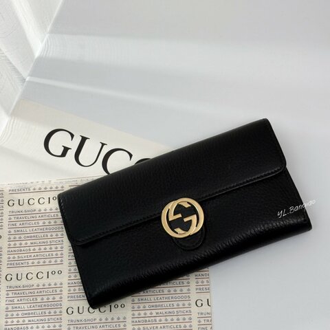 S5391-GUCCI 黑牛皮下蓋GG金屬LOGO長夾615524