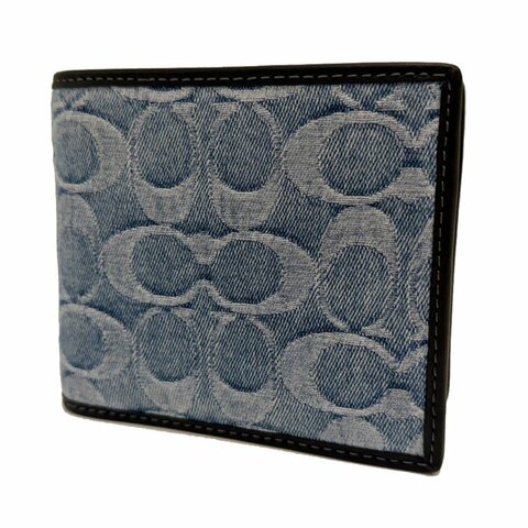 COACH C LOGO牛仔布男款8卡附活動證件夾短夾(丹寧藍)