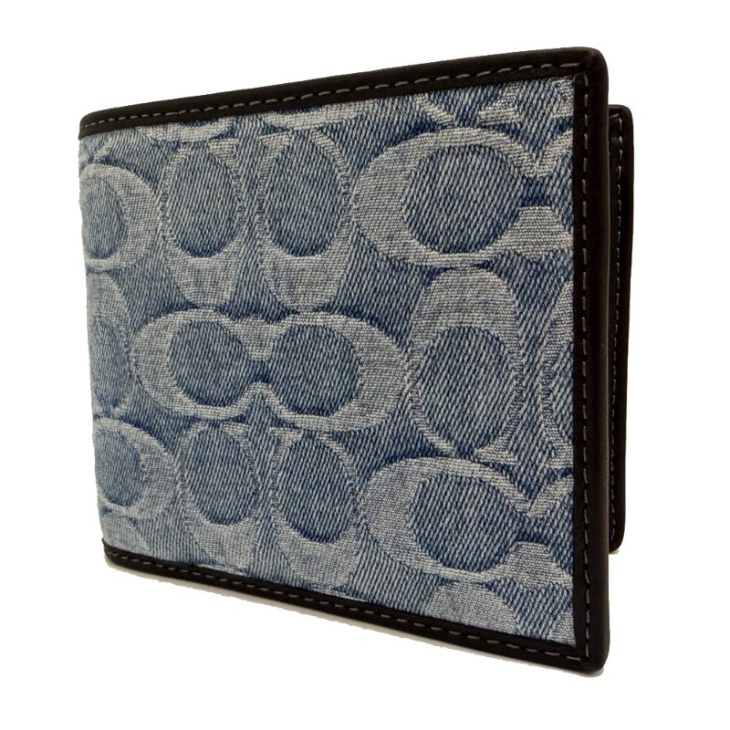 COACH C LOGO牛仔布男款8卡附活動證件夾短夾(丹寧藍)-1