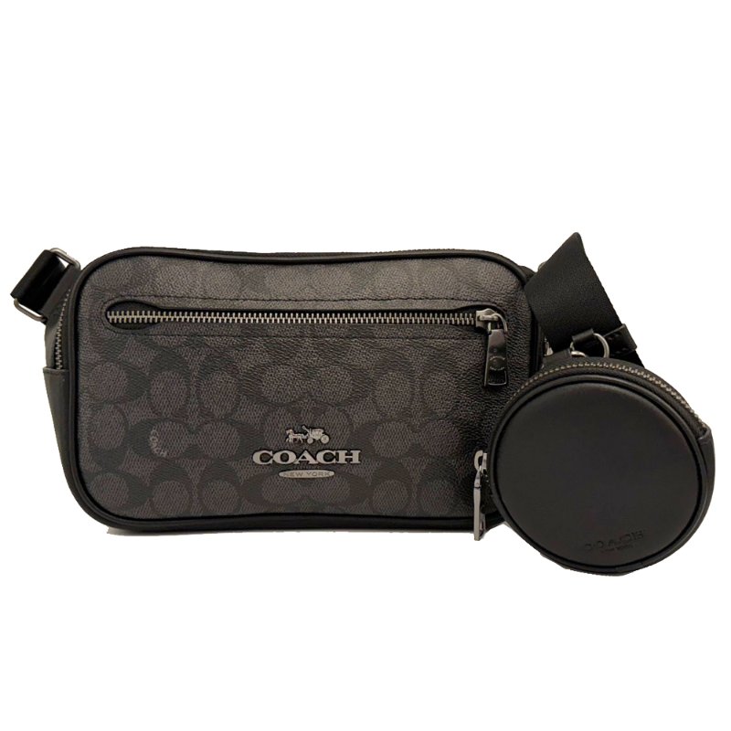 [全新]COACH Elias男中性款斜背兩用胸前子母腰包(黑灰)-0