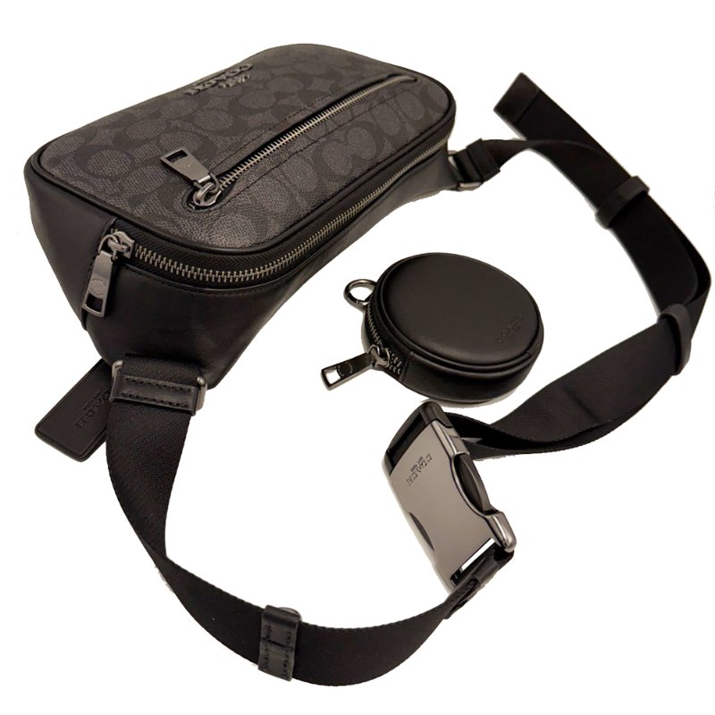 [全新]COACH Elias男中性款斜背兩用胸前子母腰包(黑灰)-3