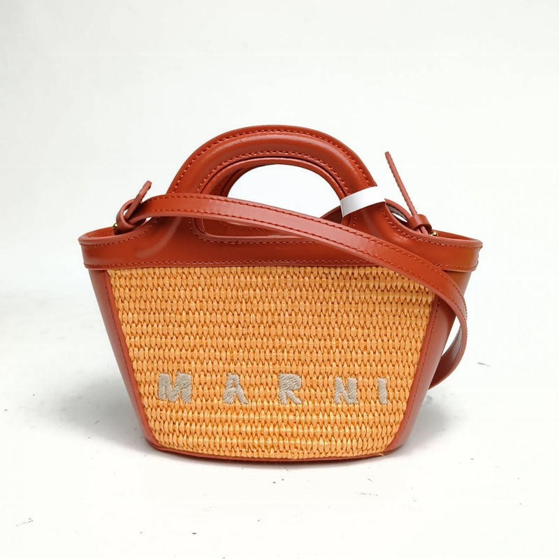 MARNI 編織lOGO刺繡菜籃子斜挎包MINI拼沙拉菲草限量秀款-0