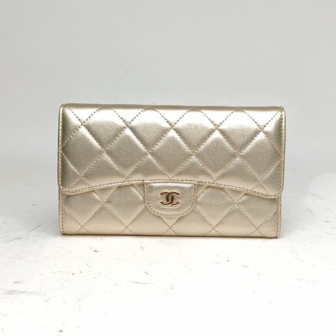 CHANEL 金色羊皮18開金扣CF長款三折口蓋錢包