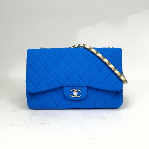 CHANEL 藍色帆布13開銀扣CF口蓋包JUMBO