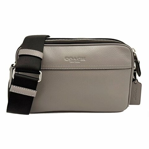 [全新]COACH 經典LOGO素面牛皮男款雙層斜背郵差包(灰)