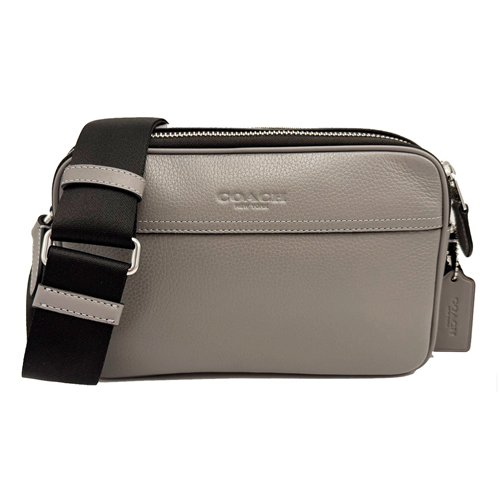 [全新]COACH 經典LOGO素面牛皮男款雙層斜背郵差包(灰)-0