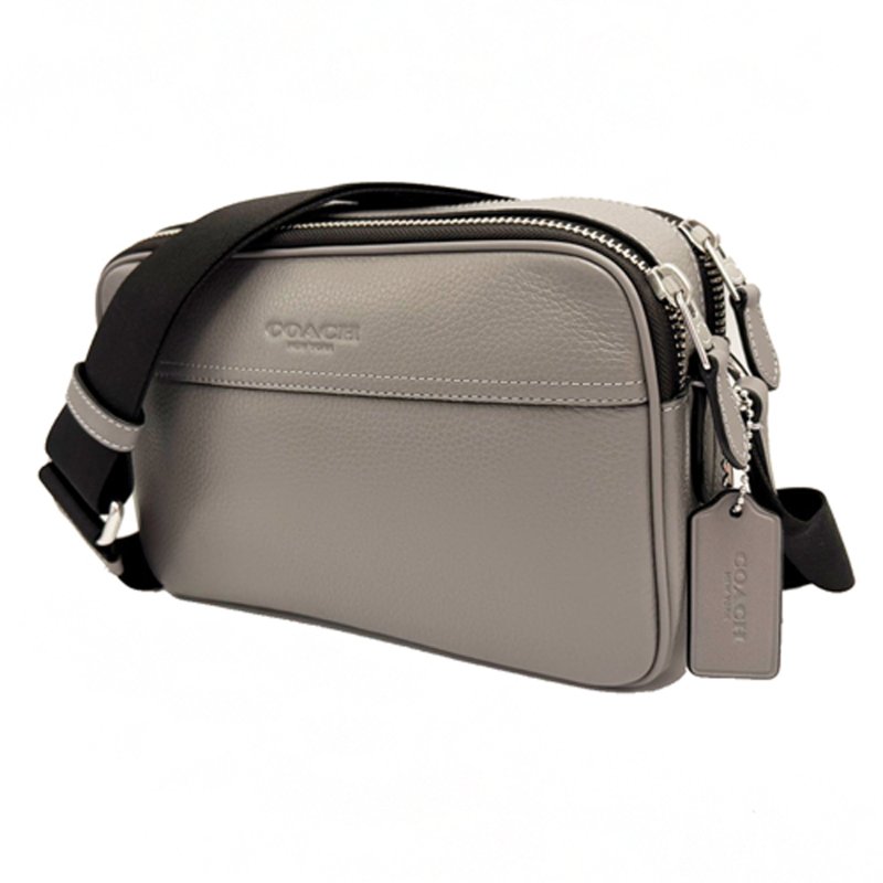 [全新]COACH 經典LOGO素面牛皮男款雙層斜背郵差包(灰)-1