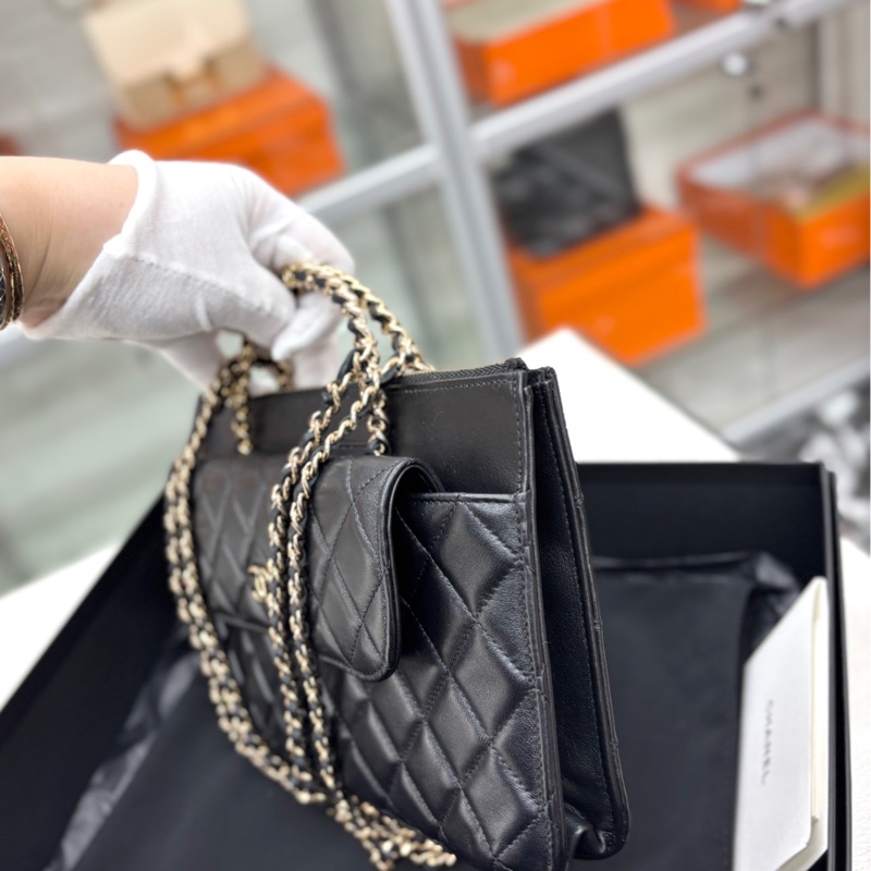【99新】 Chanel 23B芯片 黑金手柄郵差小公文手提單肩包-2