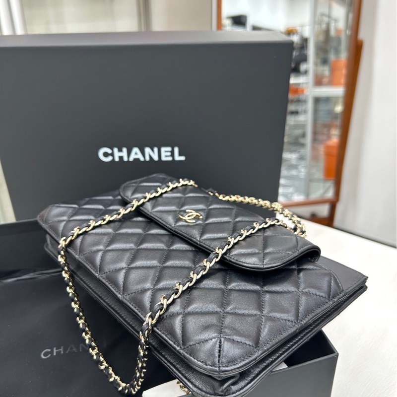【99新】 Chanel 23B芯片 黑金手柄郵差小公文手提單肩包-5