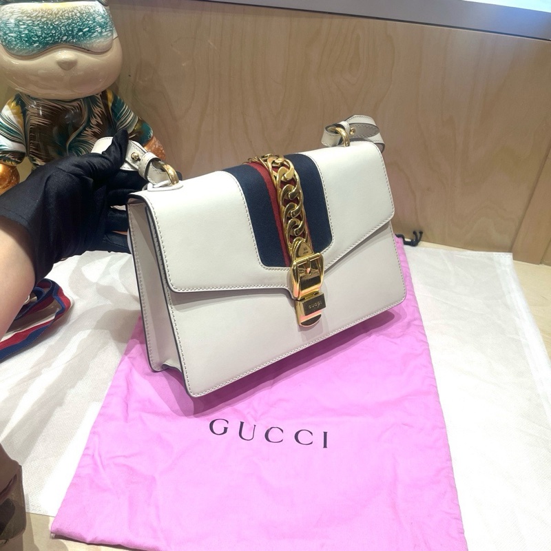 Gucci古馳sylvie 塞爾維亞白色中號斜挎包 兩條肩帶 尺寸:25.5×16 附件:塵袋-2