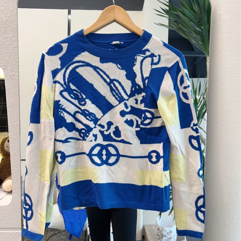 Hermes愛馬仕 藍白黃鏈條拼接圖案毛衣 36碼 套頭毛衣-0