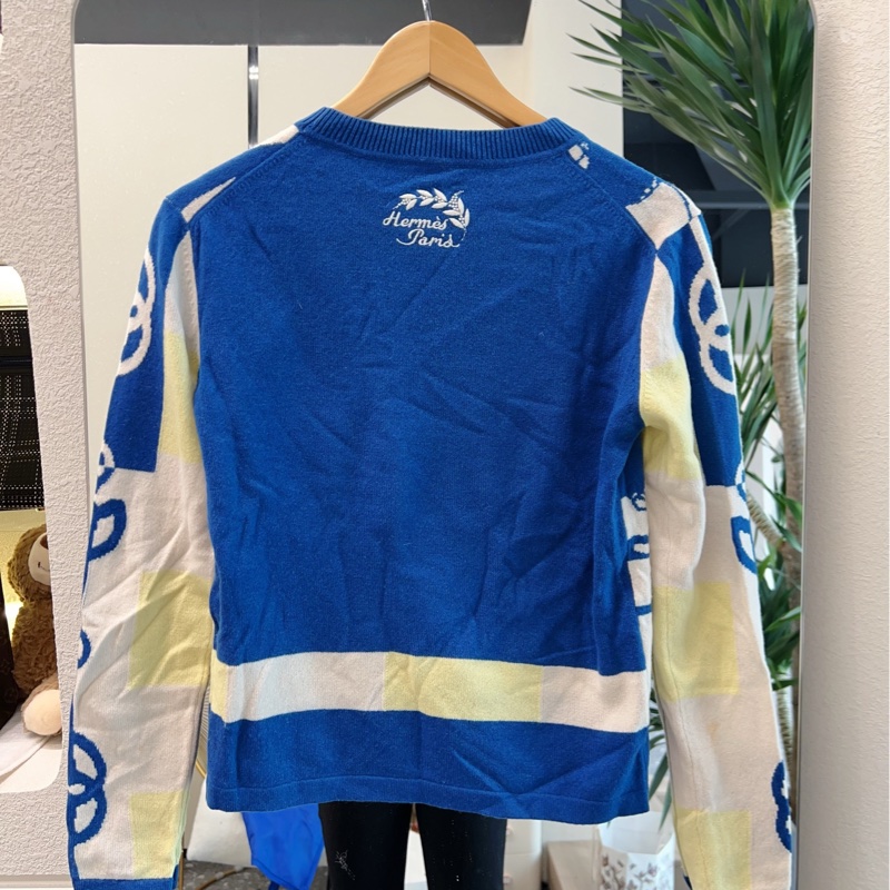 Hermes愛馬仕 藍白黃鏈條拼接圖案毛衣 36碼 套頭毛衣-1