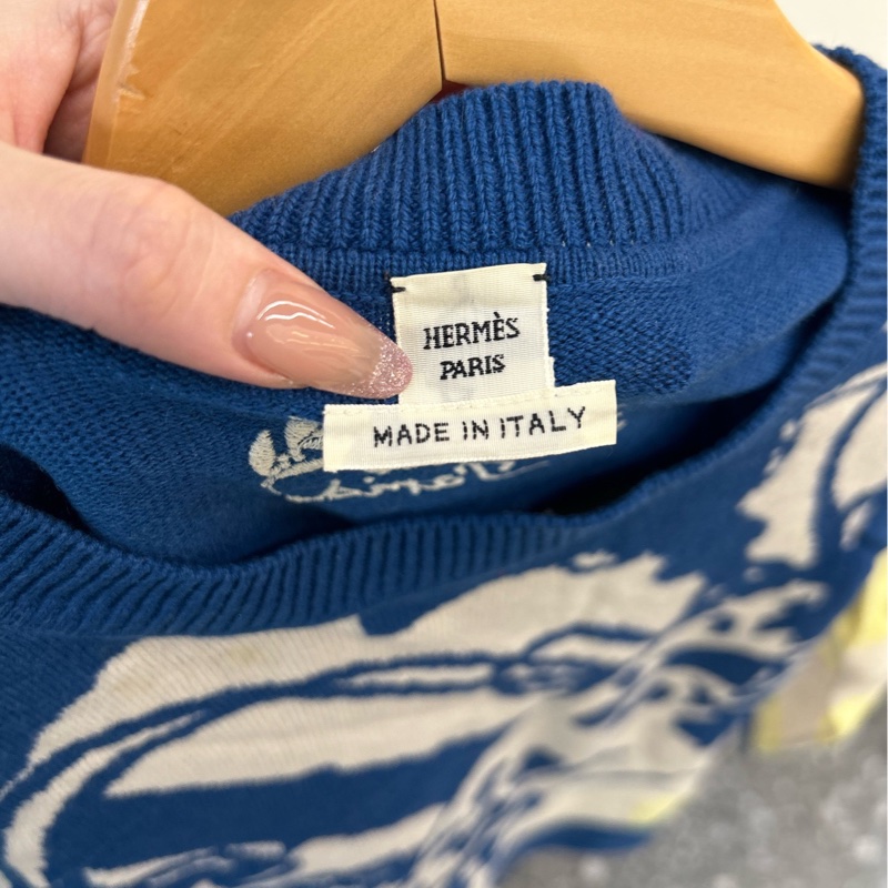 Hermes愛馬仕 藍白黃鏈條拼接圖案毛衣 36碼 套頭毛衣-2