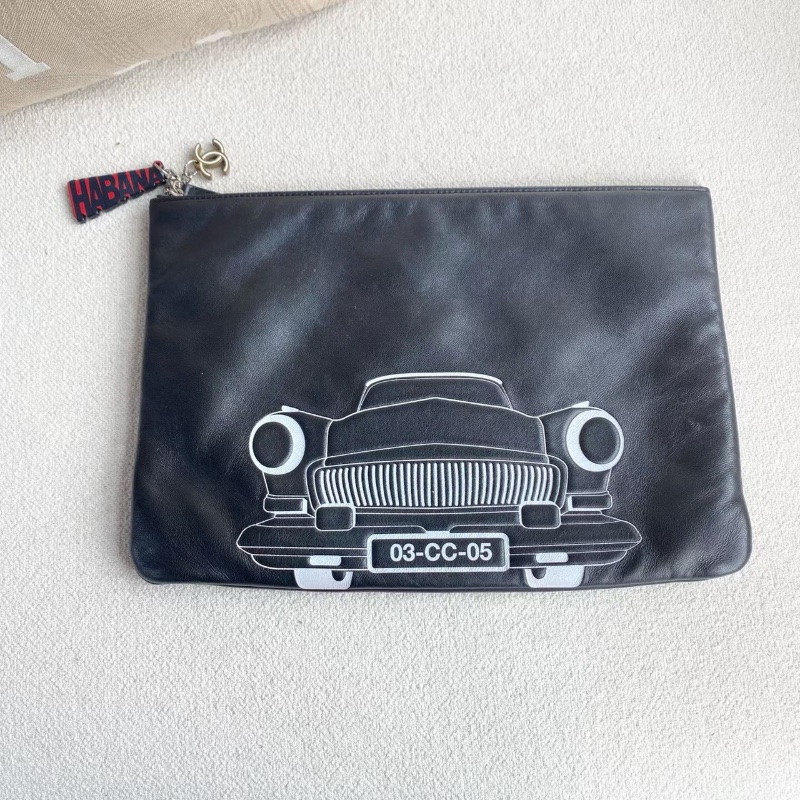 Chanel 汽車手拿包 黑色羊皮 亞克力拉鍊34*23 98新配件塵袋-2