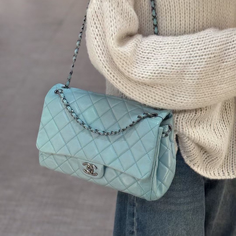 Chanel 湖藍色 油蠟皮 Jumbo 銀扣 CF 30.5*20*11 98新配件塵袋-0