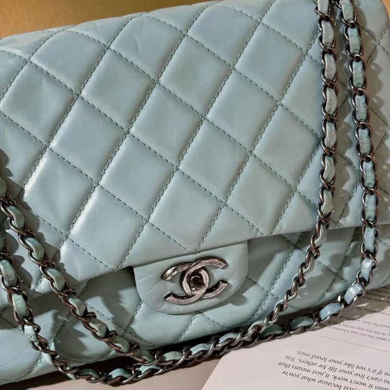 Chanel 湖藍色 油蠟皮 Jumbo 銀扣 CF 30.5*20*11 98新配件塵袋-2