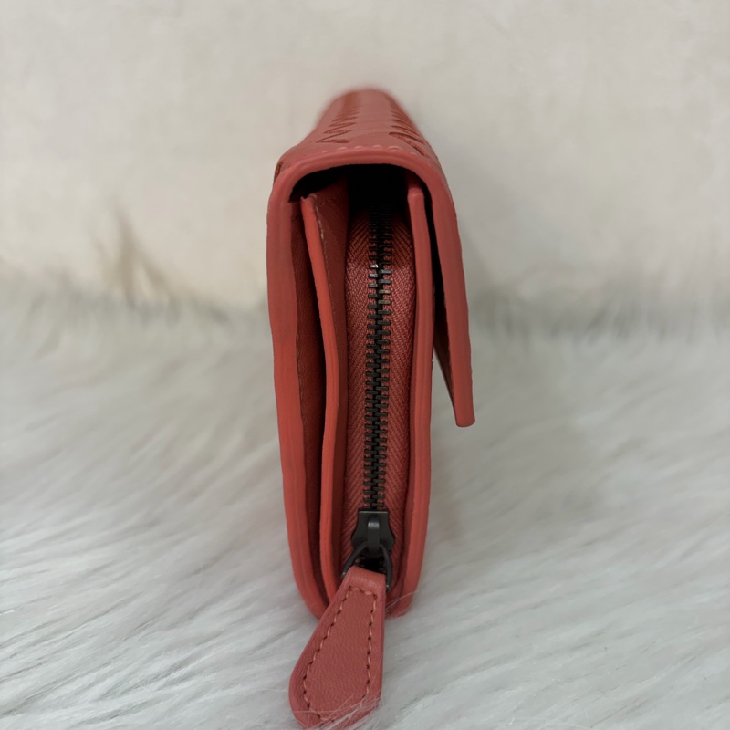 BOTTEGA VENETA BV 粉橘 編織 小羊皮 釦式 發財 長夾-1