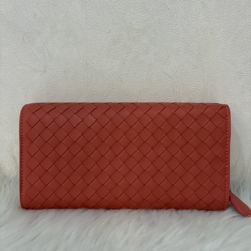 BOTTEGA VENETA BV 粉橘 編織 小羊皮 釦式 發財 長夾-2