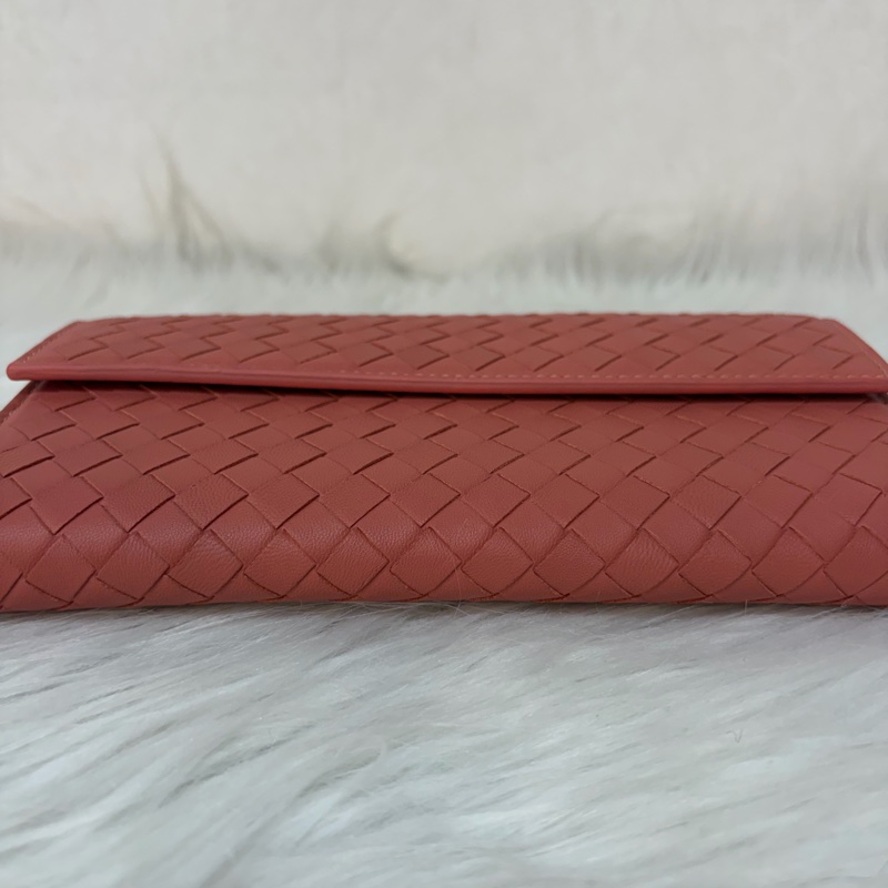 BOTTEGA VENETA BV 粉橘 編織 小羊皮 釦式 發財 長夾-4