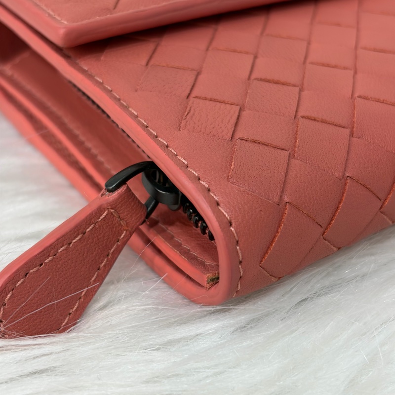 BOTTEGA VENETA BV 粉橘 編織 小羊皮 釦式 發財 長夾-5