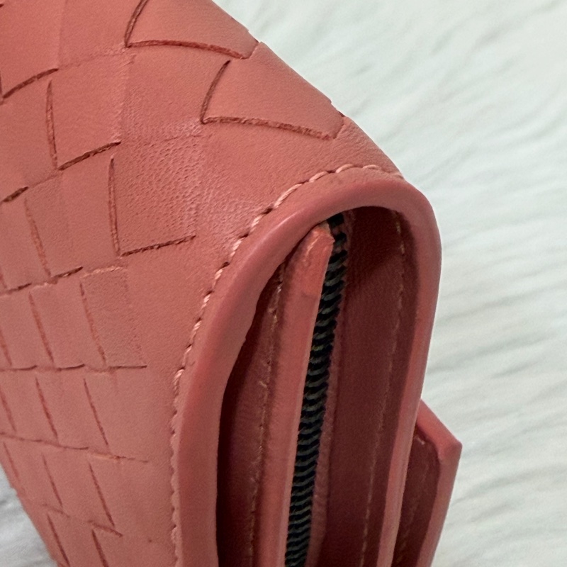 BOTTEGA VENETA BV 粉橘 編織 小羊皮 釦式 發財 長夾-8