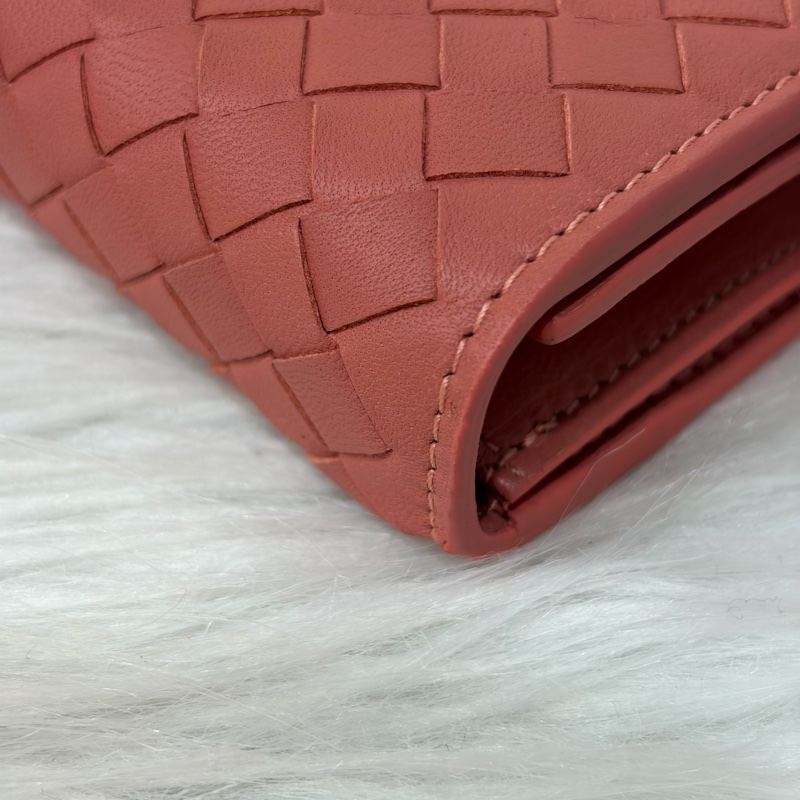 BOTTEGA VENETA BV 粉橘 編織 小羊皮 釦式 發財 長夾-10