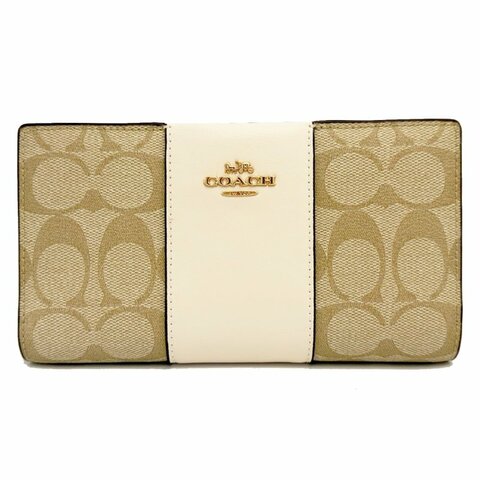 [全新]COACH C LOGO雙開多卡夾拉鍊零錢袋長夾(米白)