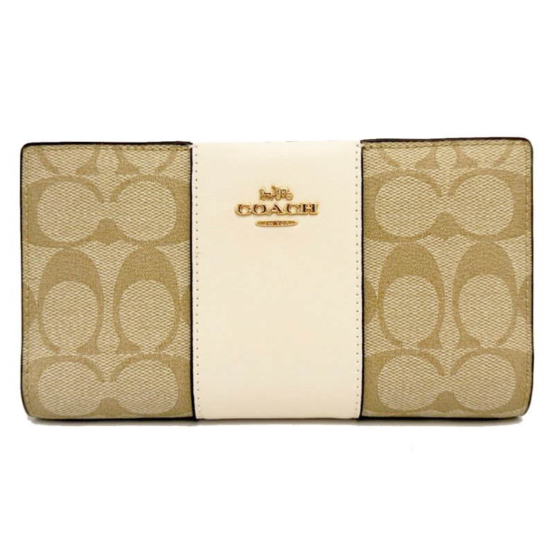 [全新]COACH C LOGO雙開多卡夾拉鍊零錢袋長夾(米白)-0