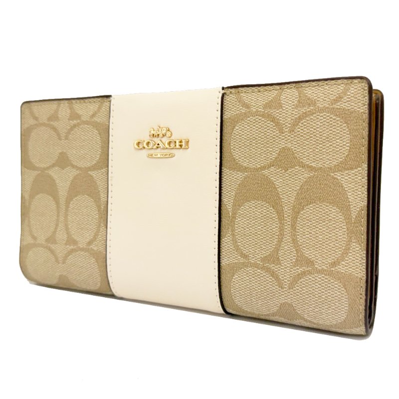 [全新]COACH C LOGO雙開多卡夾拉鍊零錢袋長夾(米白)-1
