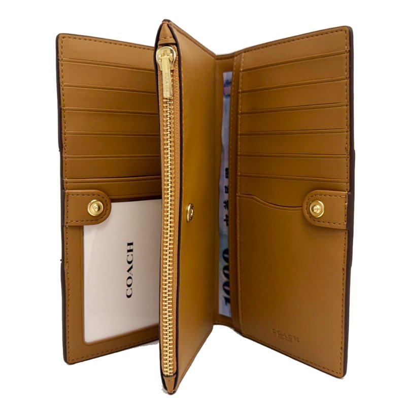[全新]COACH C LOGO雙開多卡夾拉鍊零錢袋長夾(米白)-5