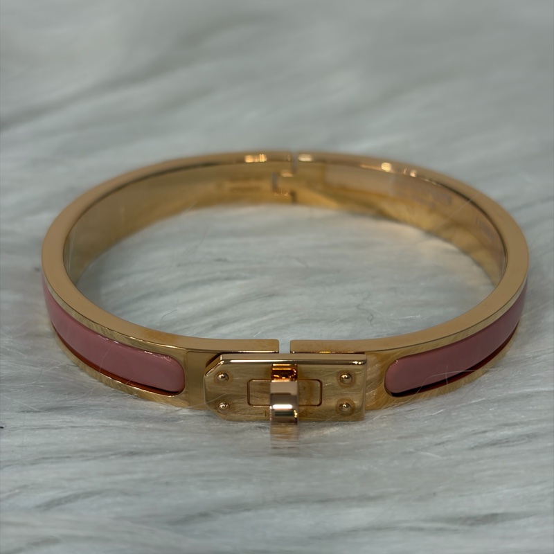 HERMES 玫瑰金色 煙燻玫瑰粉琺瑯 美人粉 窄版單色琺瑯手環 釦頭 手環 手鐲-1