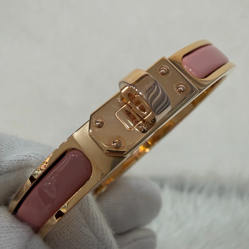 HERMES 玫瑰金色 煙燻玫瑰粉琺瑯 美人粉 窄版單色琺瑯手環 釦頭 手環 手鐲-6