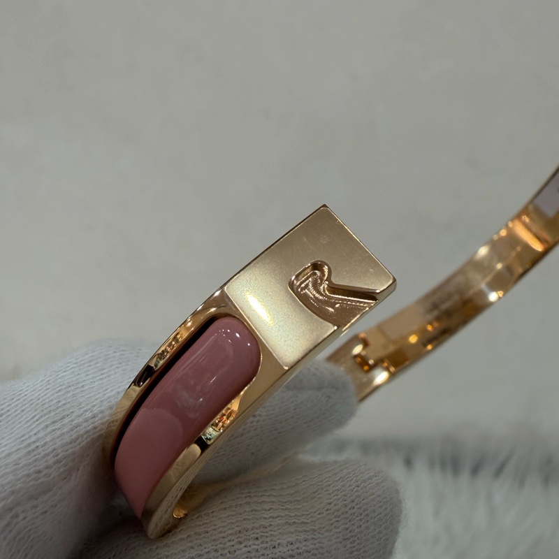 HERMES 玫瑰金色 煙燻玫瑰粉琺瑯 美人粉 窄版單色琺瑯手環 釦頭 手環 手鐲-8