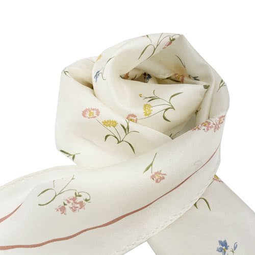 [全新]COACH 經典LOGO花卉100%蠶絲三角絲巾領巾(花卉/米白)-1