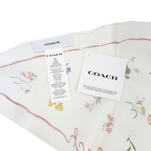 [全新]COACH 經典LOGO花卉100%蠶絲三角絲巾領巾(花卉/米白)-2