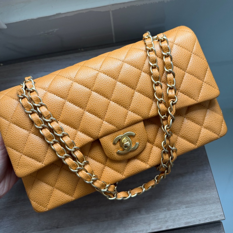 Chanel 香奈兒 Classic Flap Medium 荔枝皮 牛皮 金扣 焦糖色 深米色 中號-0