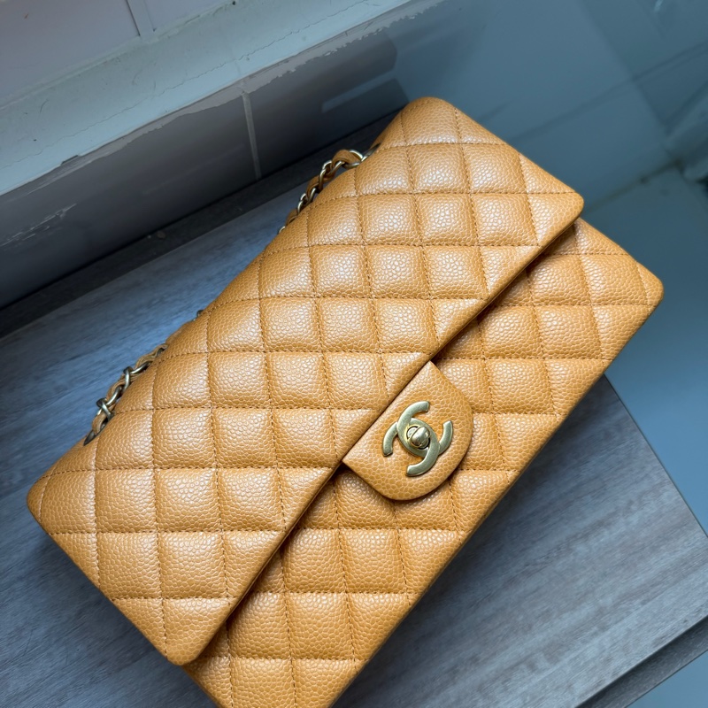 Chanel 香奈兒 Classic Flap Medium 荔枝皮 牛皮 金扣 焦糖色 深米色 中號-3
