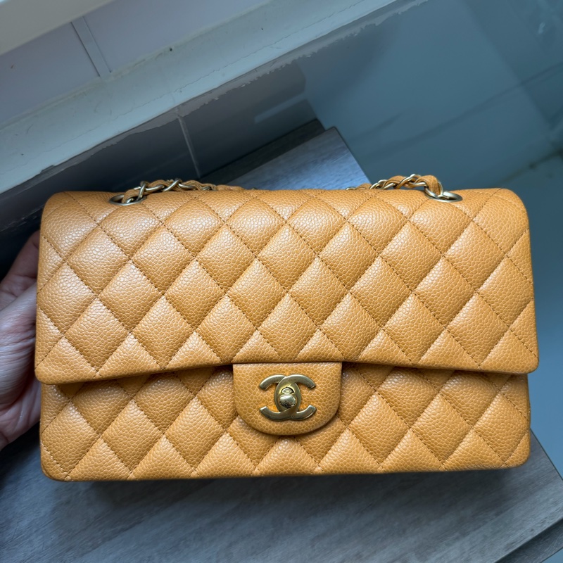 Chanel 香奈兒 Classic Flap Medium 荔枝皮 牛皮 金扣 焦糖色 深米色 中號-4