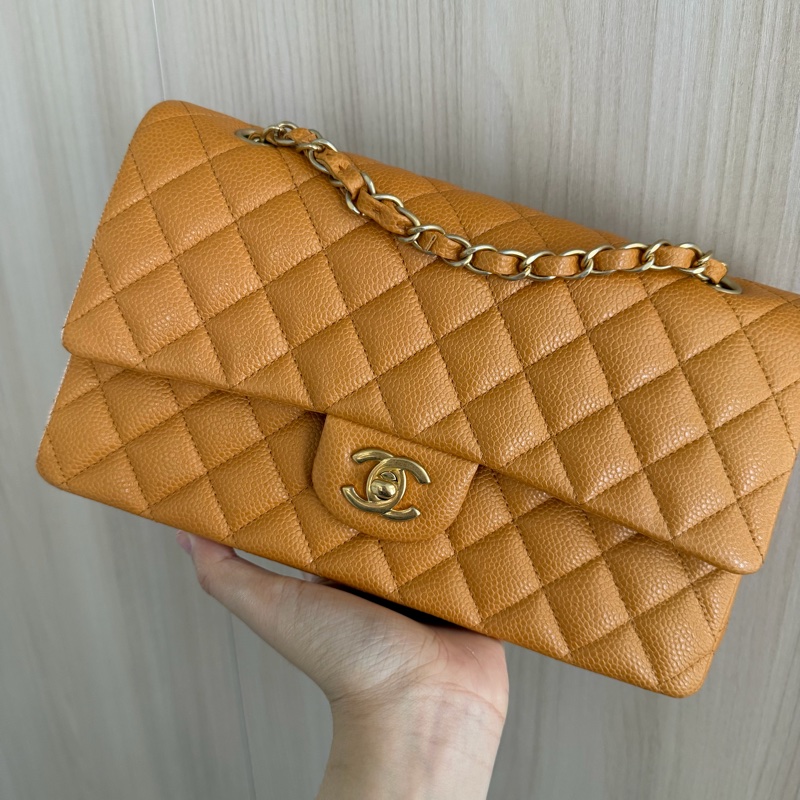 Chanel 香奈兒 Classic Flap Medium 荔枝皮 牛皮 金扣 焦糖色 深米色 中號-7