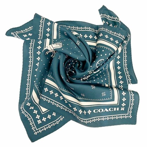 [全新]COACH 100%蠶絲絲巾領巾方巾圍巾(點點藍綠)