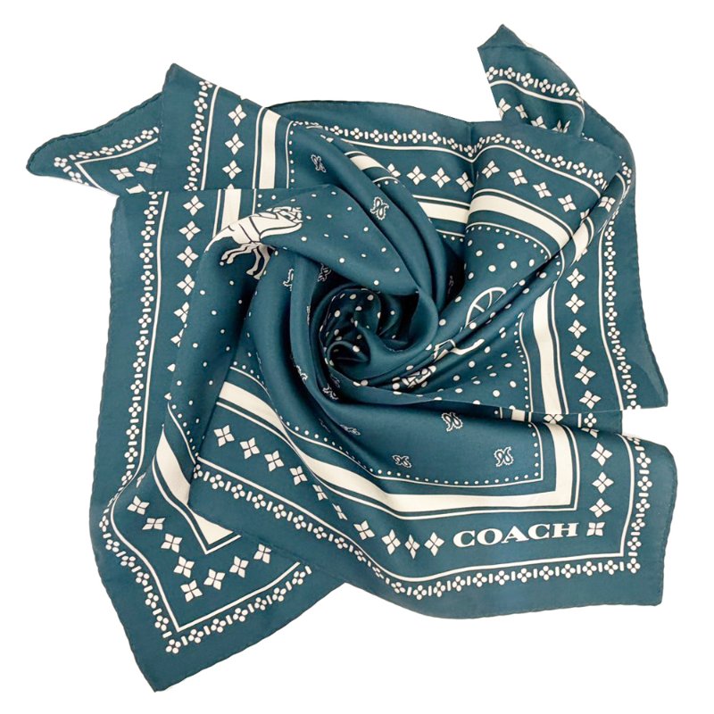 [全新]COACH 100%蠶絲絲巾領巾方巾圍巾(點點藍綠)-0