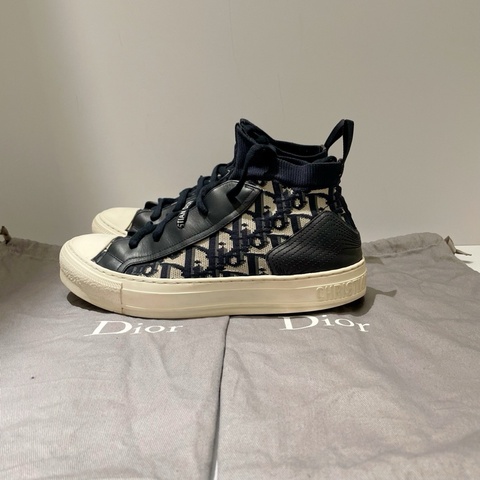 迪奧女士鞋 針織拼接 中幫 時尚厚底板鞋  藍白色 尺碼38  附件：塵袋